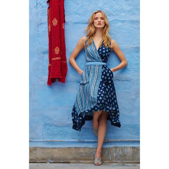 Maeve Dresses & Skirts - Maeve Anthropologie Eclipsed Wrap Dress Paisley Patchwork Blue Women’s Size 8